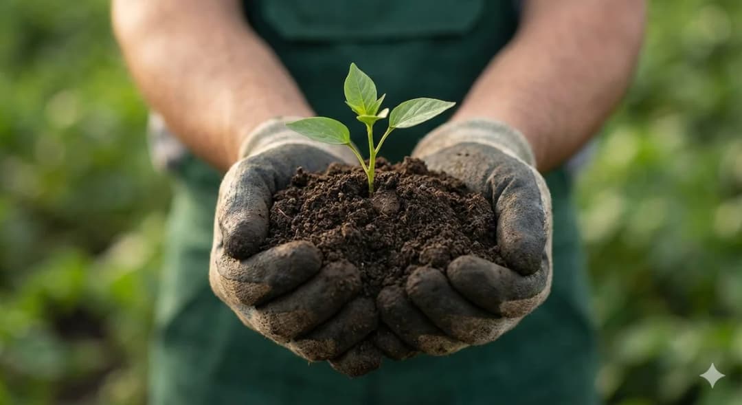 Agricoltore che cura una piantina - simbolo di crescita e dedizione nell'agricoltura