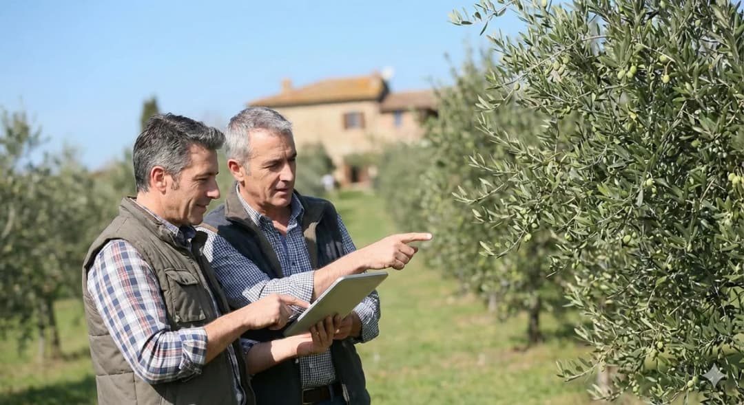 Due agricoltori che consultano documenti in un uliveto - consulenza agronomica professionale